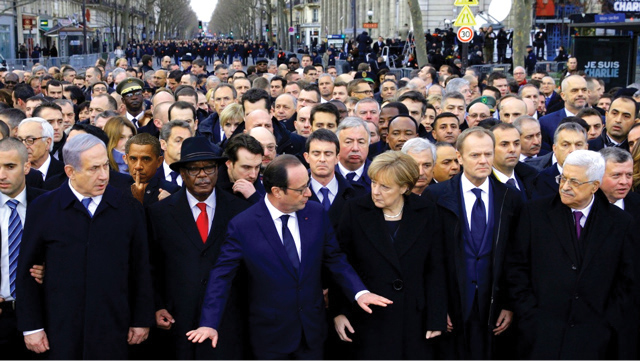 Photo of Paris unity march of January 2015 over murders by Muslim terrorists of French newspaper journalists that published cartoons of Muslim religious figures, 12 of them shot and murdered in front of their employees. All the major European leaders, along with Israeli Prime Minister, were in attendance at the protest march with President Obama refusing to acknowledge the event by not attending. - Webmaster