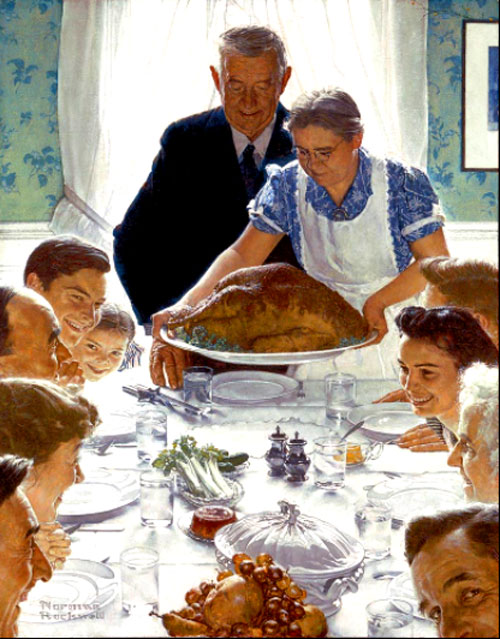 "First published in the March 6, 1943 weekly edition of The Saturday Evening Post, Rockwell worried that the presentation of such a large turkey at the center of the bountiful and happy feast back home might cause unhappiness among the American troops fighting in Europe, North Africa, and the Pacific at a time when the tide of the war had not yet turned. It was still more than a year before the successful D-Day invasion on the beaches of Normandy June 6, 1944." - Breitbart