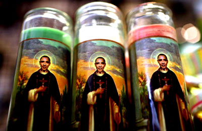Saint Obama selling in San Francisco at $12.95 a pop, over 1,000 reported to have been moved from inventory. What can we say? It's San Francisco, where in the daylight they masterbate in the streets during certain holidays. Remember comedian Woody Woodbury' of the 1960's, during one of his sets about WWII saying, "Can you imagine me protecting you?" We thought that appropriate with this candle "stichk." (Source: Atlas Shrugs - click on picture for site.)